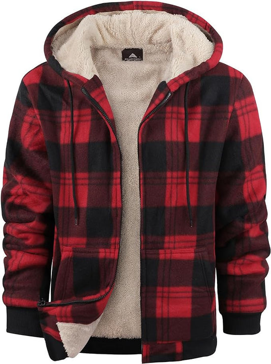 Men's Plaid Print Hooded Zip-Up Jacket Winter Thickened Cotton-padded Coat Warm Clothing 1 Style