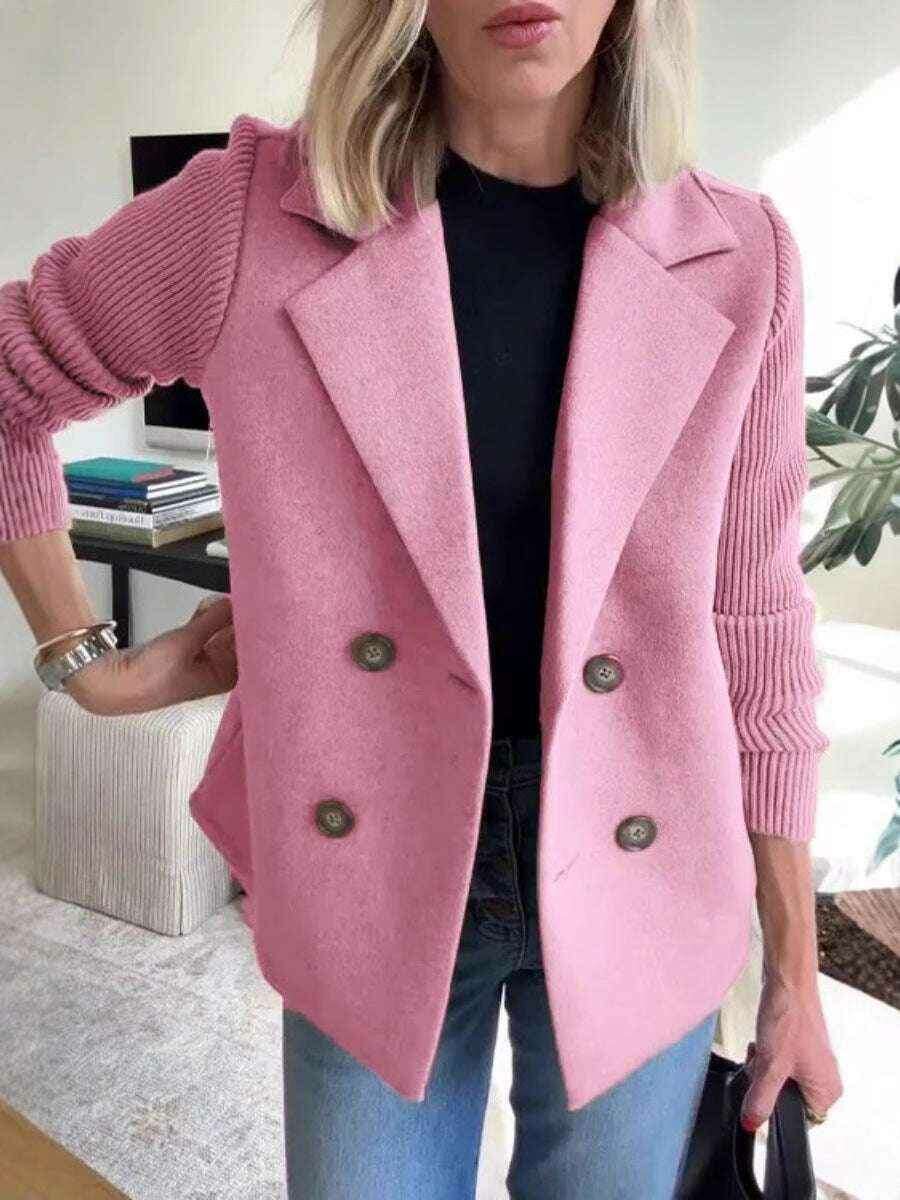 Double-Breasted Lapel Jacket with Knitted Sleeve Splicing Coat Pink