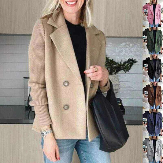 Double-Breasted Lapel Jacket with Knitted Sleeve Splicing Coat
