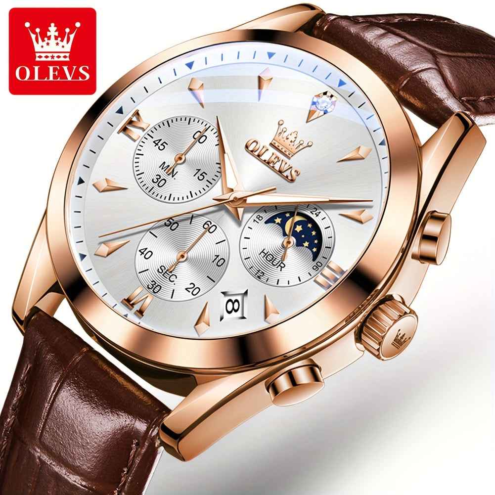 OLEVS Men's Luxury Quartz Watch - Luminous Date & Day Display, Stainless Steel Case, PU Leather Strap, Rose Gold Accents for Business and Casual Wear