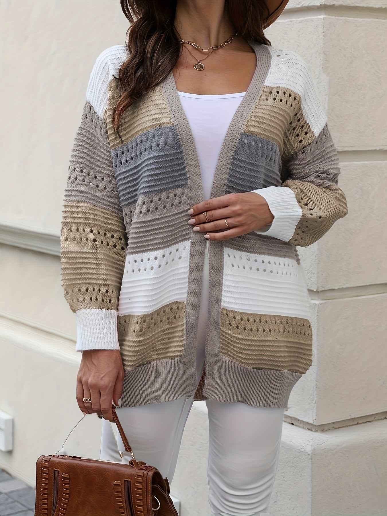 Casual Autumn Wear| Women's Plus Size Color Block Open Front Cardigan - Casual V-Neck, Eyelet Detail, Long Sleeve, Knit Sweater - Machine Washable, Polyester - Ideal for Fall/Winter, Fall Sweaters