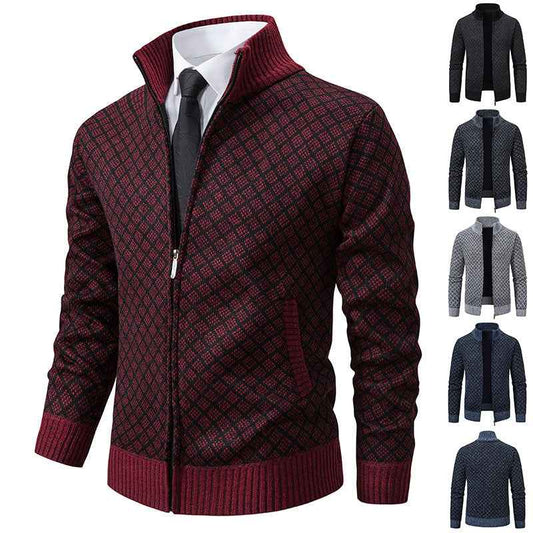 Thickened Plaid Print Jacket Cardigan Fashion Slim Fit Zipper Stand Collar Sweater Winter Men's Casual Long Sleeve Knitted Top Clothing