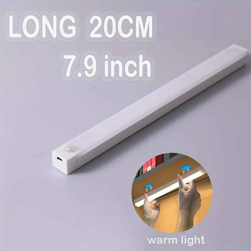 Rechargeable Motion Sensor LED Light Strip with Magnetic Adhesive & USB Power - Smart Cordless Lighting for Kitchen, Wardrobe, Stairs, Hallway Warm Light 20cm 7.9"