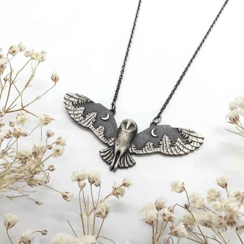 Vintage Owl Pendant Necklace with Moon Phase Art – Unique Animal Totem Jewelry Gift for Women and Women's Satin Pajama Set