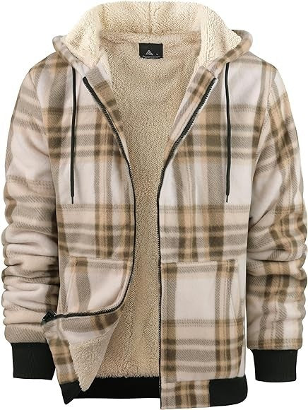 Men's Plaid Print Hooded Zip-Up Jacket Winter Thickened Cotton-padded Coat Warm Clothing 2 Style