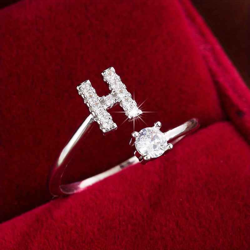 Fashionable 26 English Letters Four-Prong Synthetic Synthetic Zirconia Open Adjustment Ring Ｈ Silvery