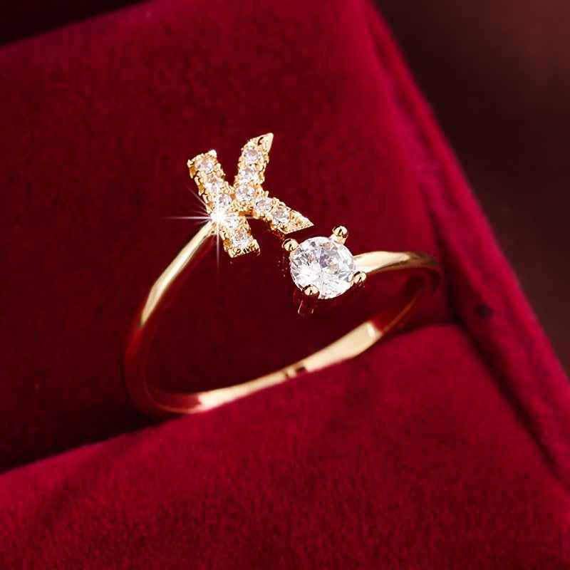 Fashionable 26 English Letters Four-Prong Synthetic Synthetic Zirconia Open Adjustment Ring