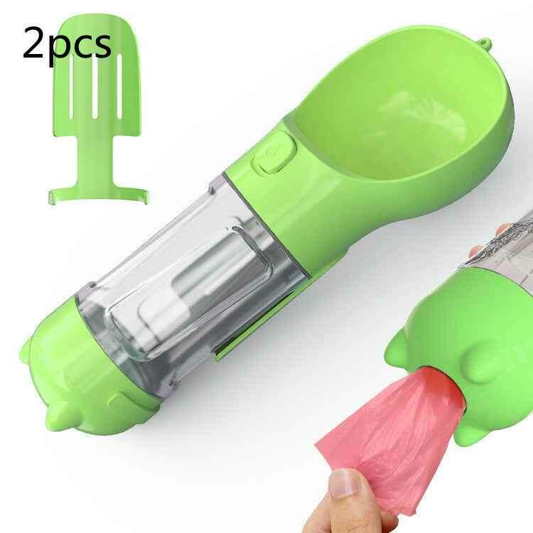 3-in-1 Portable Pet Water Bottle with Feeder, Bowl & Waste Bag Holder Green 2pcs 300ml