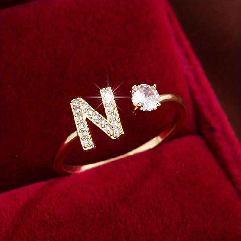 Fashionable 26 English Letters Four-Prong Synthetic Synthetic Zirconia Open Adjustment Ring Ｎ Golden