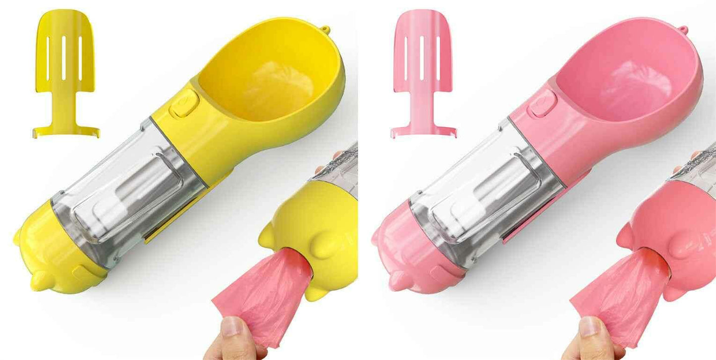 3-in-1 Portable Pet Water Bottle with Feeder, Bowl & Waste Bag Holder Yellow pink pcs 300ml