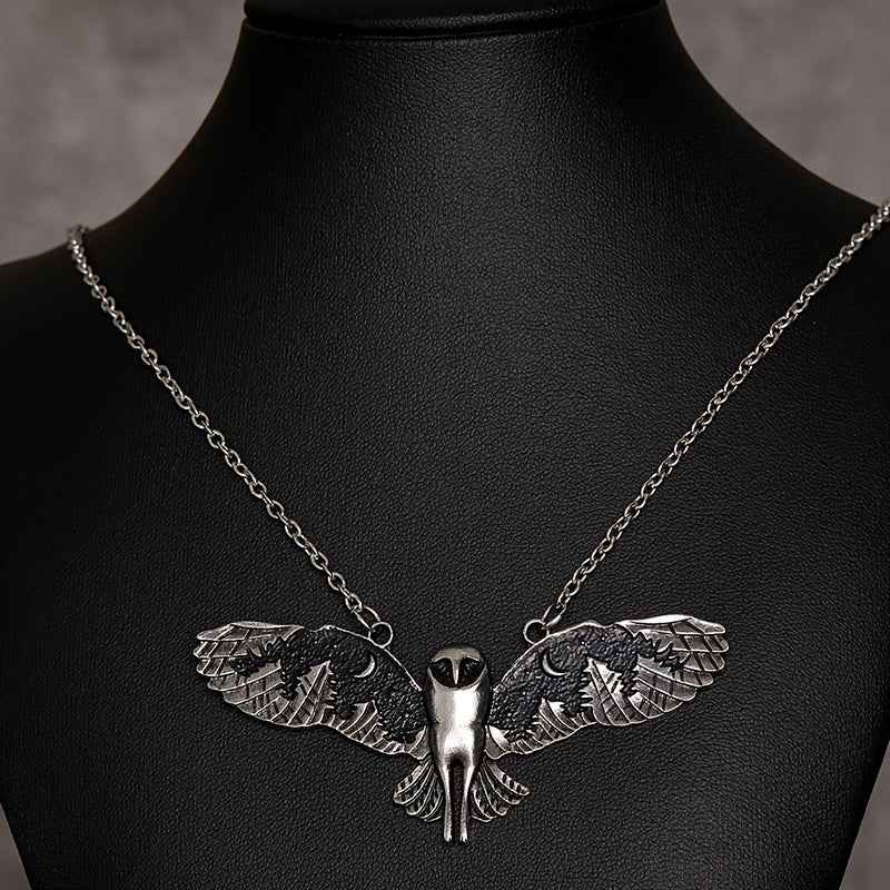 Vintage Owl Pendant Necklace with Moon Phase Art – Unique Animal Totem Jewelry Gift for Women and Women's Satin Pajama Set