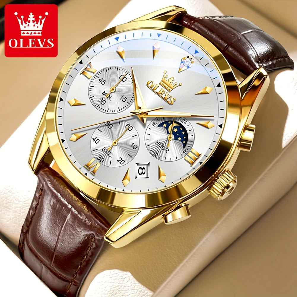 OLEVS Men's Luxury Quartz Watch - Luminous Date & Day Display, Stainless Steel Case, PU Leather Strap, Rose Gold Accents for Business and Casual Wear Golden White