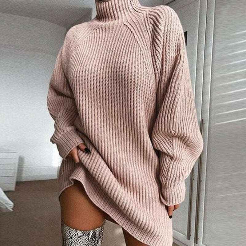 Solid Turtleneck Sweater Dress for Women - Winter Warm and Cozy Pink