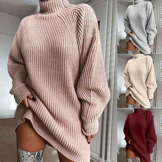 Solid Turtleneck Sweater Dress for Women - Winter Warm and Cozy