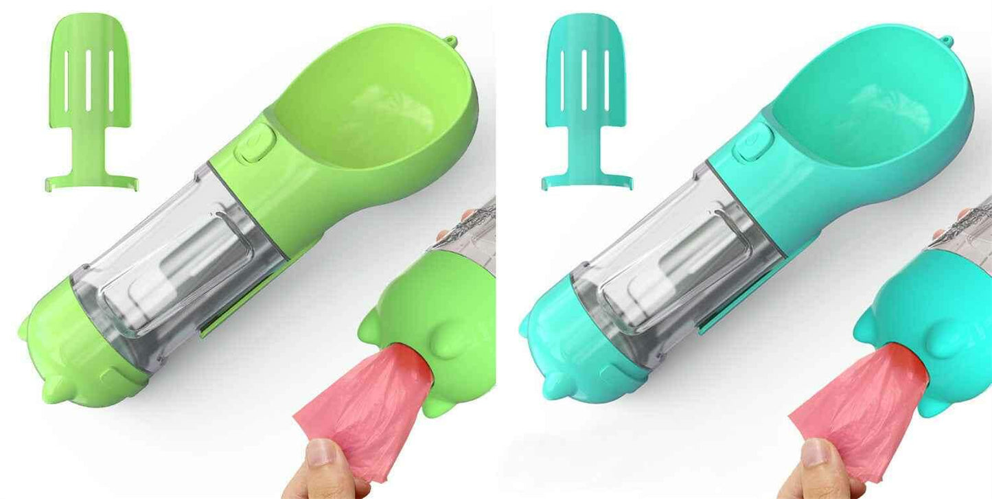 3-in-1 Portable Pet Water Bottle with Feeder, Bowl & Waste Bag Holder Green blue pcs 300ml