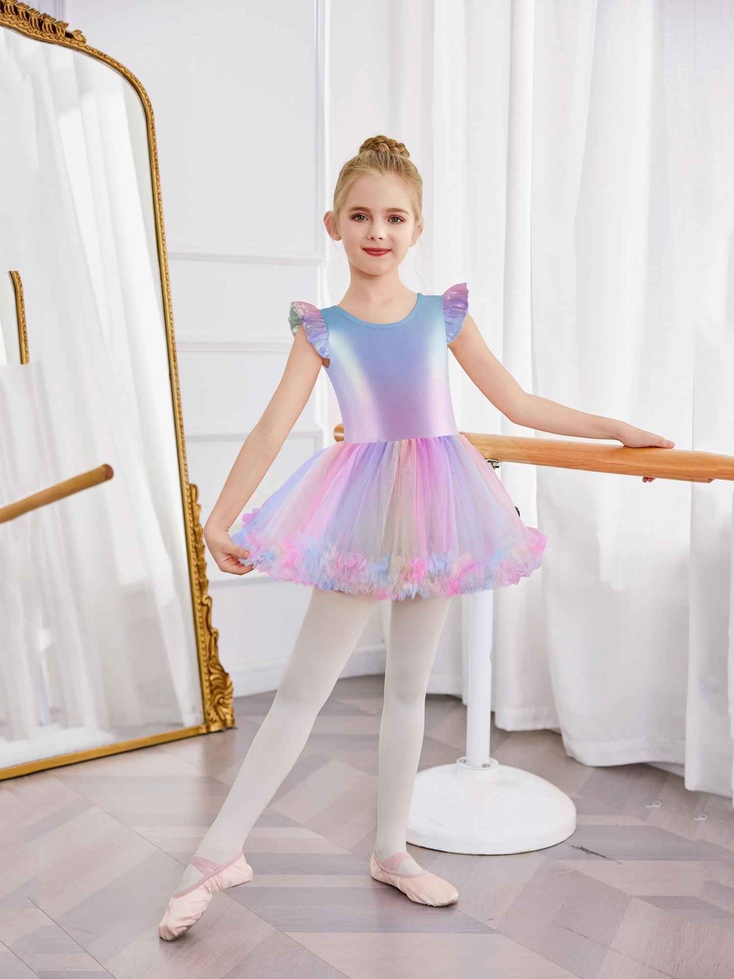 Girls Ballet Tutu Dress with Cross-Back Design and Ruffled Sleeves - Elegant White A-Line Leotard for Dance, Gymnastics, and Recitals