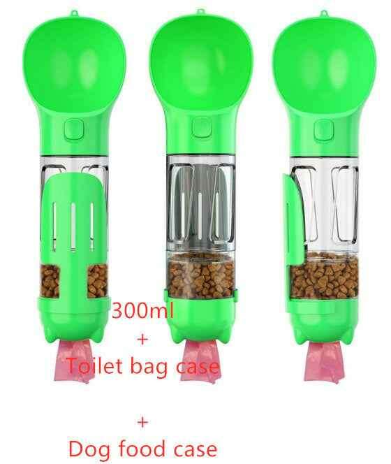3-in-1 Portable Pet Water Bottle with Feeder, Bowl & Waste Bag Holder Green 300ml Set