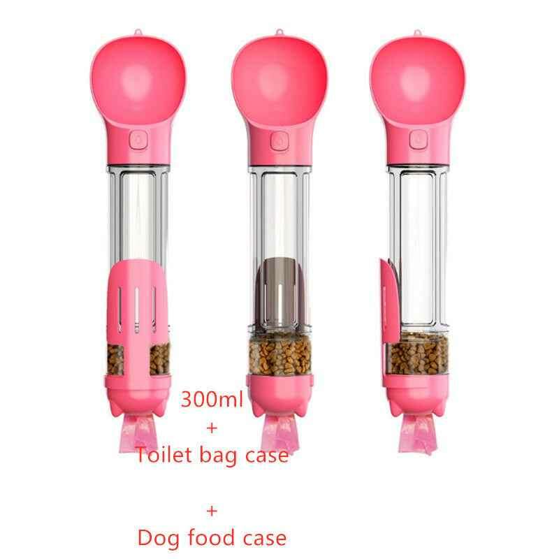 3-in-1 Portable Pet Water Bottle with Feeder, Bowl & Waste Bag Holder Pink 300ml Set