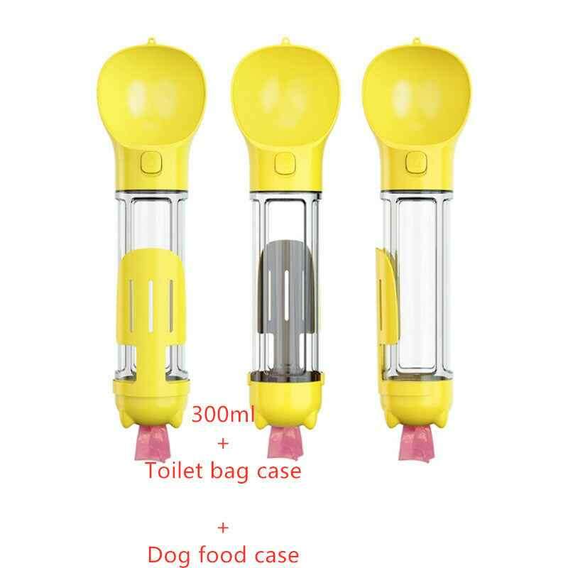 3-in-1 Portable Pet Water Bottle with Feeder, Bowl & Waste Bag Holder Yellow 300ml Set