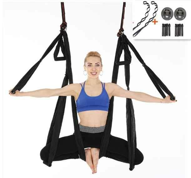 Anti Gravity Yoga Hammock for Comfortable Aerial Fitness and Relaxation Black with Hangers straps