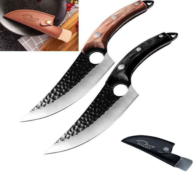 Slaughter Cutting Meat Boning Knife - Small Scimitar for Skinning and Butchering Pigs Sheath Black Brown Q1set