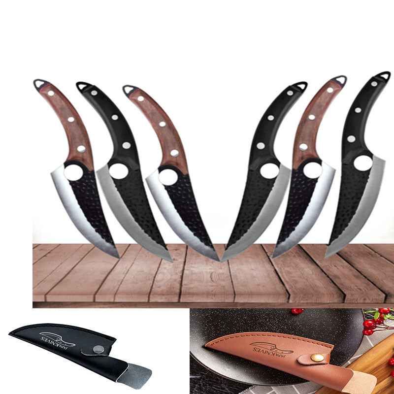 Slaughter Cutting Meat Boning Knife - Small Scimitar for Skinning and Butchering Pigs Sheath Black Brown Q3set
