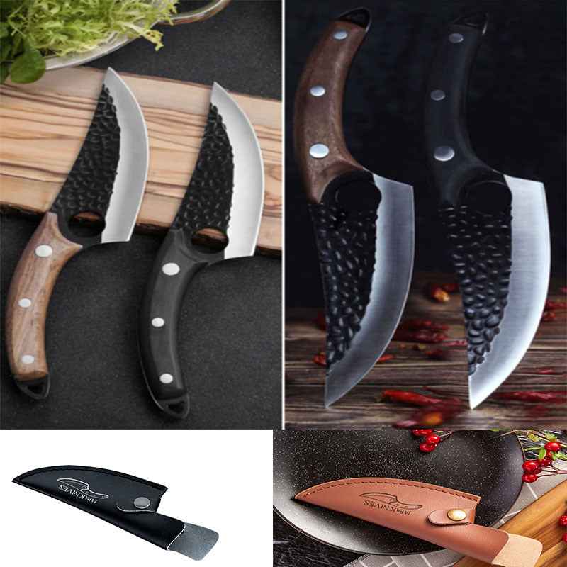 Slaughter Cutting Meat Boning Knife - Small Scimitar for Skinning and Butchering Pigs Sheath Black Brown Q2set