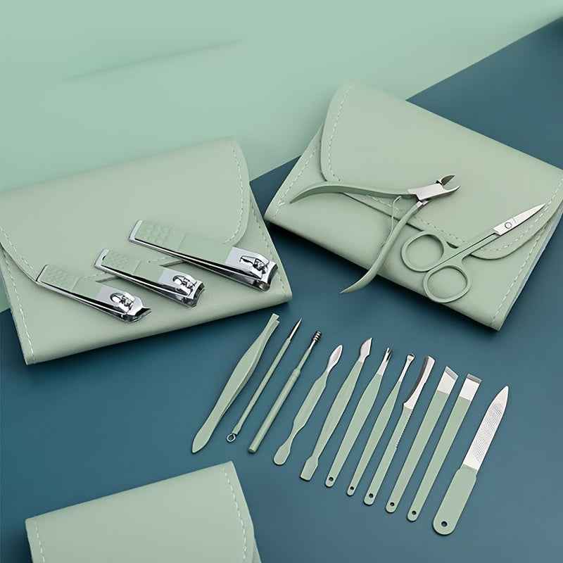 Stainless Steel Manicure Tool Set - 4/8/12/16pcs Multi-Functional Ear Spoon Nail Clippers Pedicure Scissors Kit with Folding Bag