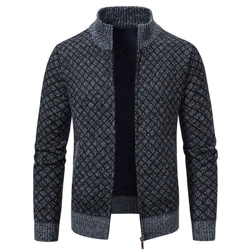 Thickened Plaid Print Jacket Cardigan Fashion Slim Fit Zipper Stand Collar Sweater Winter Men's Casual Long Sleeve Knitted Top Clothing Dark Gray