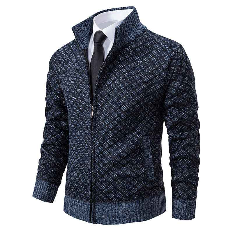Thickened Plaid Print Jacket Cardigan Fashion Slim Fit Zipper Stand Collar Sweater Winter Men's Casual Long Sleeve Knitted Top Clothing Blue And Gray S