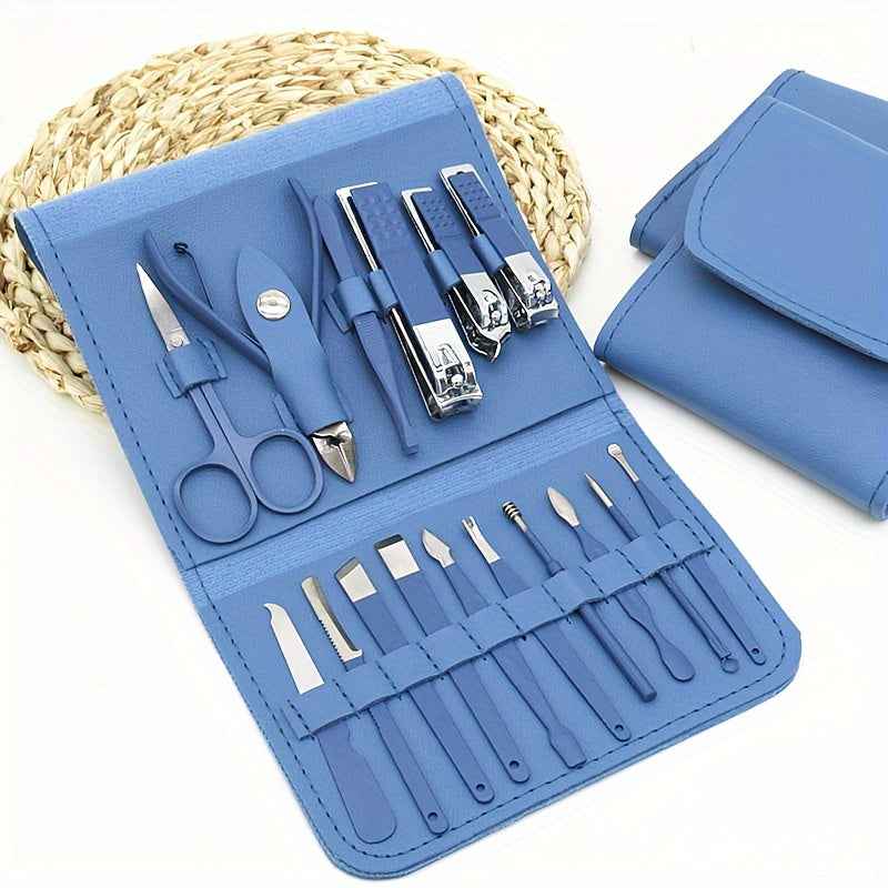 Stainless Steel Manicure Tool Set - 4/8/12/16pcs Multi-Functional Ear Spoon Nail Clippers Pedicure Scissors Kit with Folding Bag