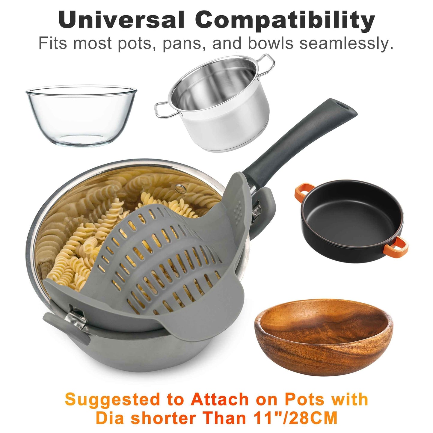 ABERZEY Clip-On Strainer for Pots and Pans - Durable Plastic Colander for Effortless Drainage of Pasta, Meat, and Vegetables - Modern Compact Design Compatible with Stainless Steel Manicure Tool Set