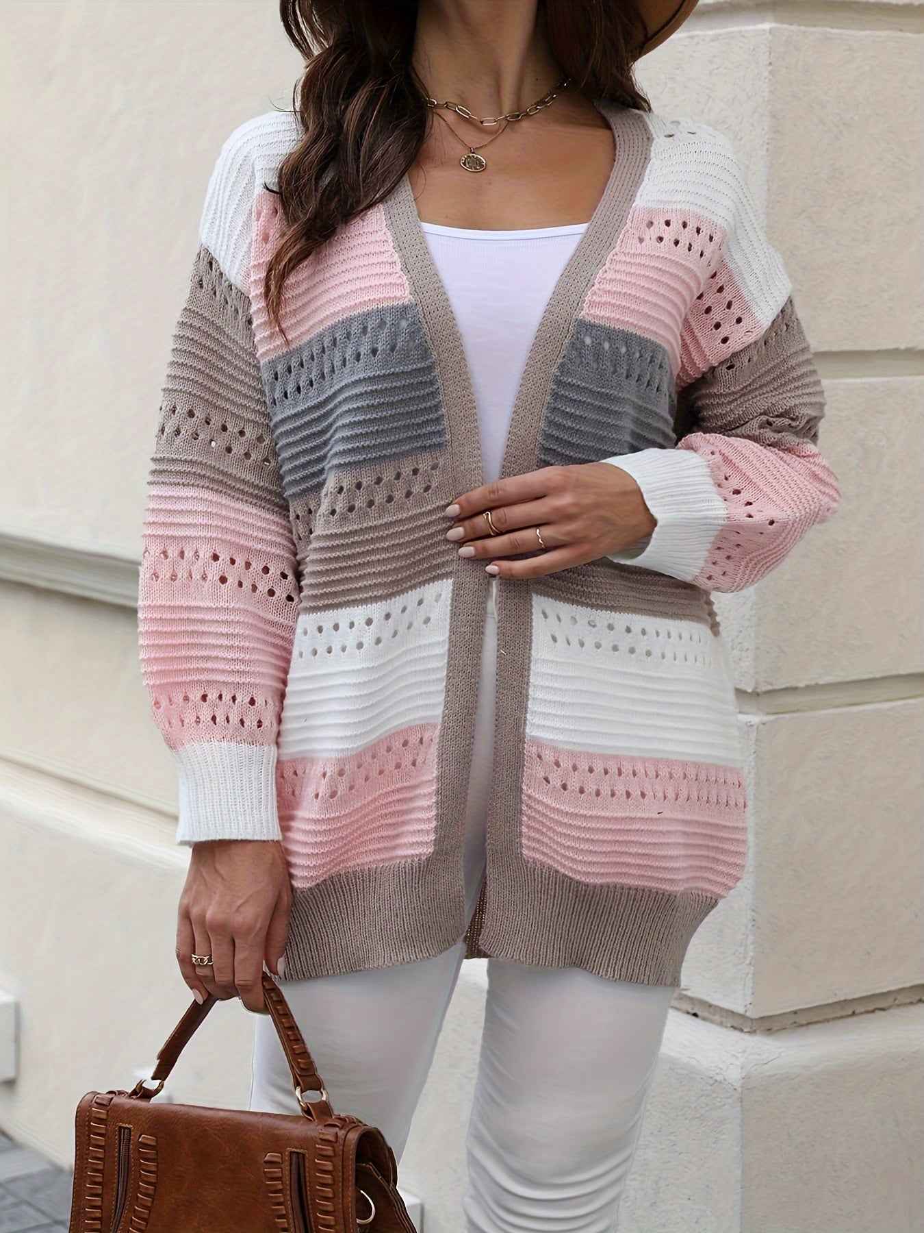 Casual Autumn Wear| Women's Plus Size Color Block Open Front Cardigan - Casual V-Neck, Eyelet Detail, Long Sleeve, Knit Sweater - Machine Washable, Polyester - Ideal for Fall/Winter, Fall Sweaters
