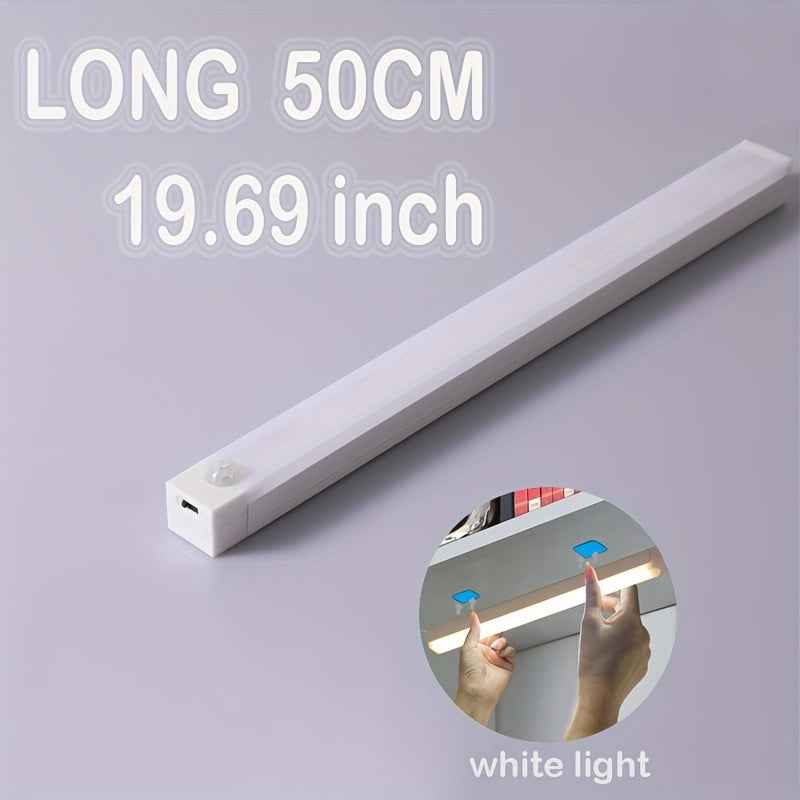 Rechargeable Motion Sensor LED Light Strip with Magnetic Adhesive & USB Power - Smart Cordless Lighting for Kitchen, Wardrobe, Stairs, Hallway White Light 19.69inch