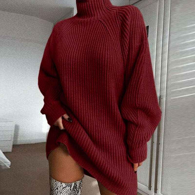 Solid Turtleneck Sweater Dress for Women - Winter Warm and Cozy Wine red