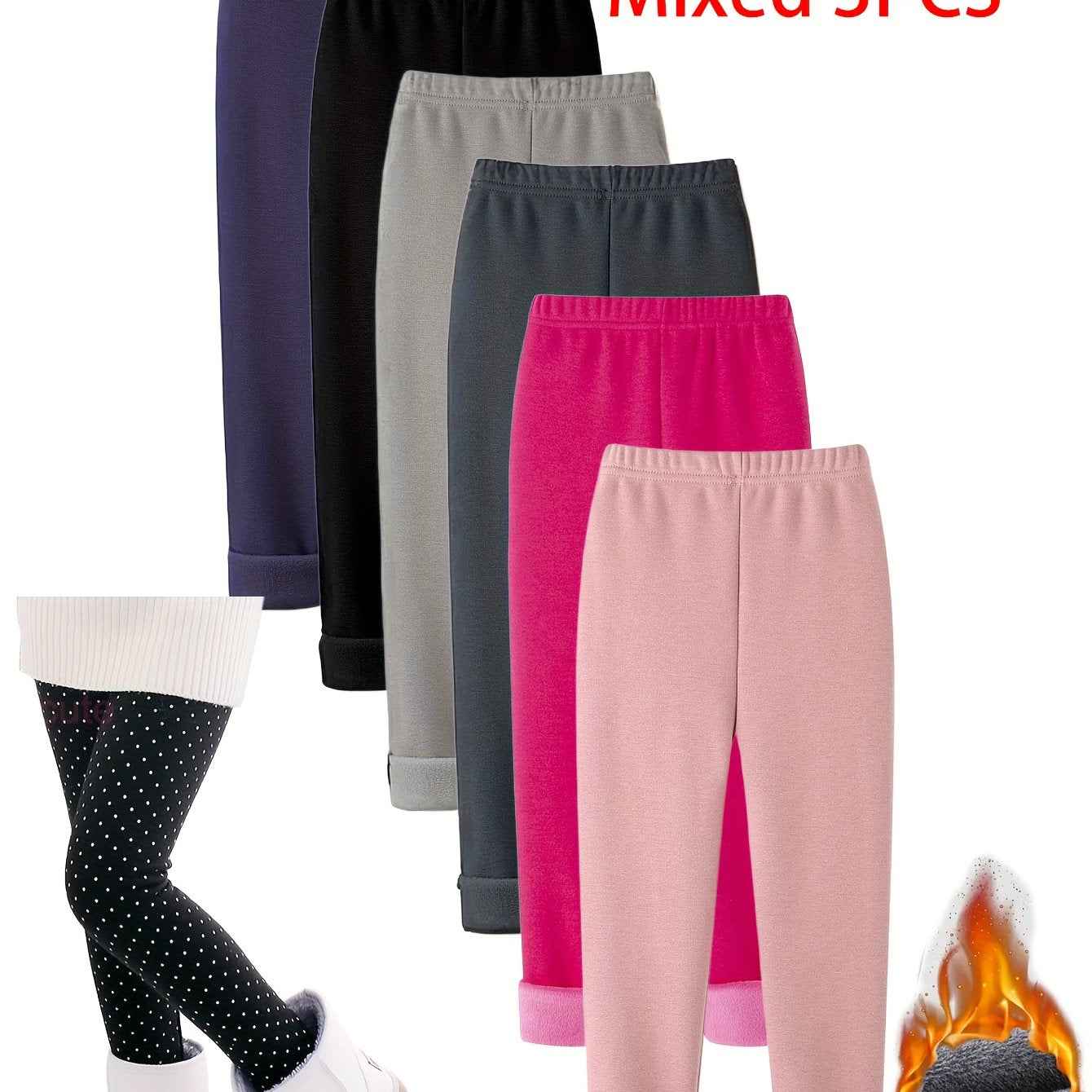 3pcs Winter-Lined Leggings for Kids - Warm Skinny Fit Tights for Boys & Girls, 95% Polyester/5% Spandex, Perfect for Playdates and Cold Weather Mixed Color 3pcs