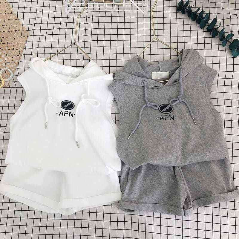 Korean Style Summer Suit for Girls - Cotton Sleeveless Hooded Shorts Two-Piece Western Outfit