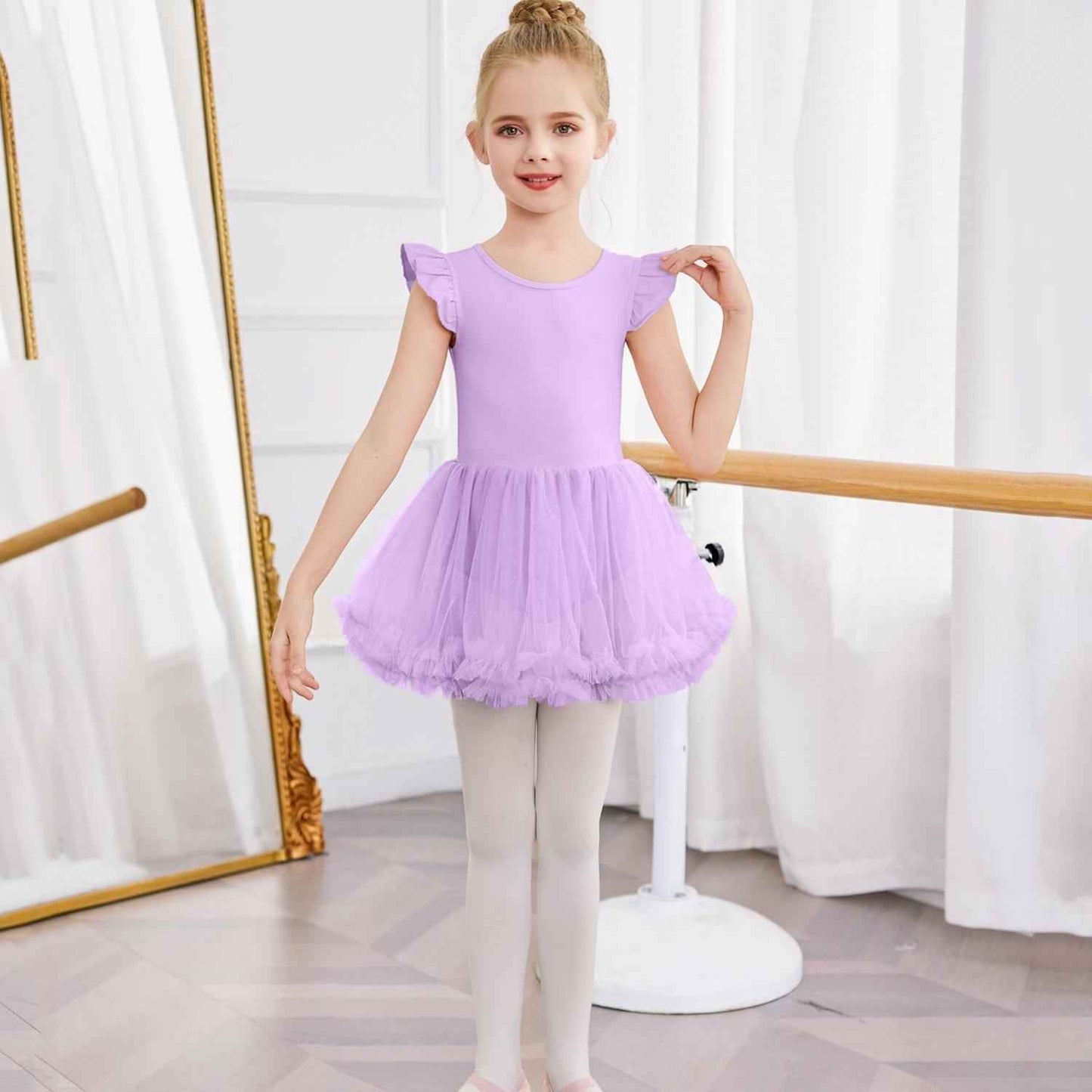Girls Ballet Tutu Dress with Cross-Back Design and Ruffled Sleeves - Elegant White A-Line Leotard for Dance, Gymnastics, and Recitals Light Purple