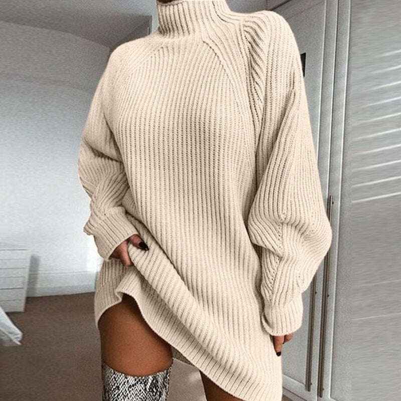 Solid Turtleneck Sweater Dress for Women - Winter Warm and Cozy Apricot