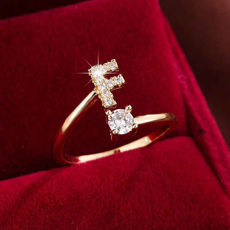 Fashionable 26 English Letters Four-Prong Synthetic Synthetic Zirconia Open Adjustment Ring F Golden