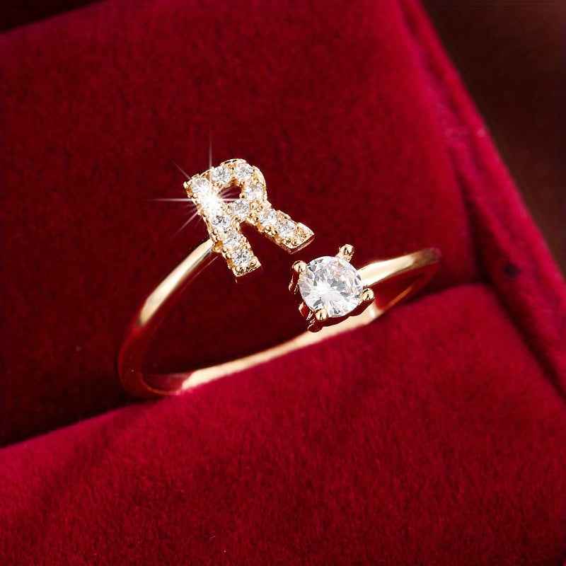 Fashionable 26 English Letters Four-Prong Synthetic Synthetic Zirconia Open Adjustment Ring Ｒ Golden