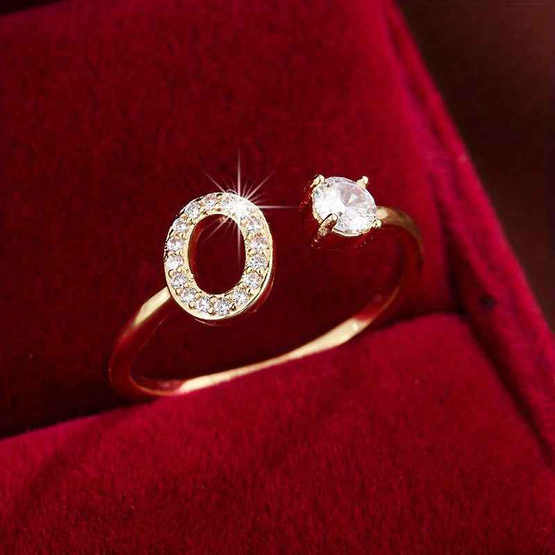 Fashionable 26 English Letters Four-Prong Synthetic Synthetic Zirconia Open Adjustment Ring Ｏ Golden