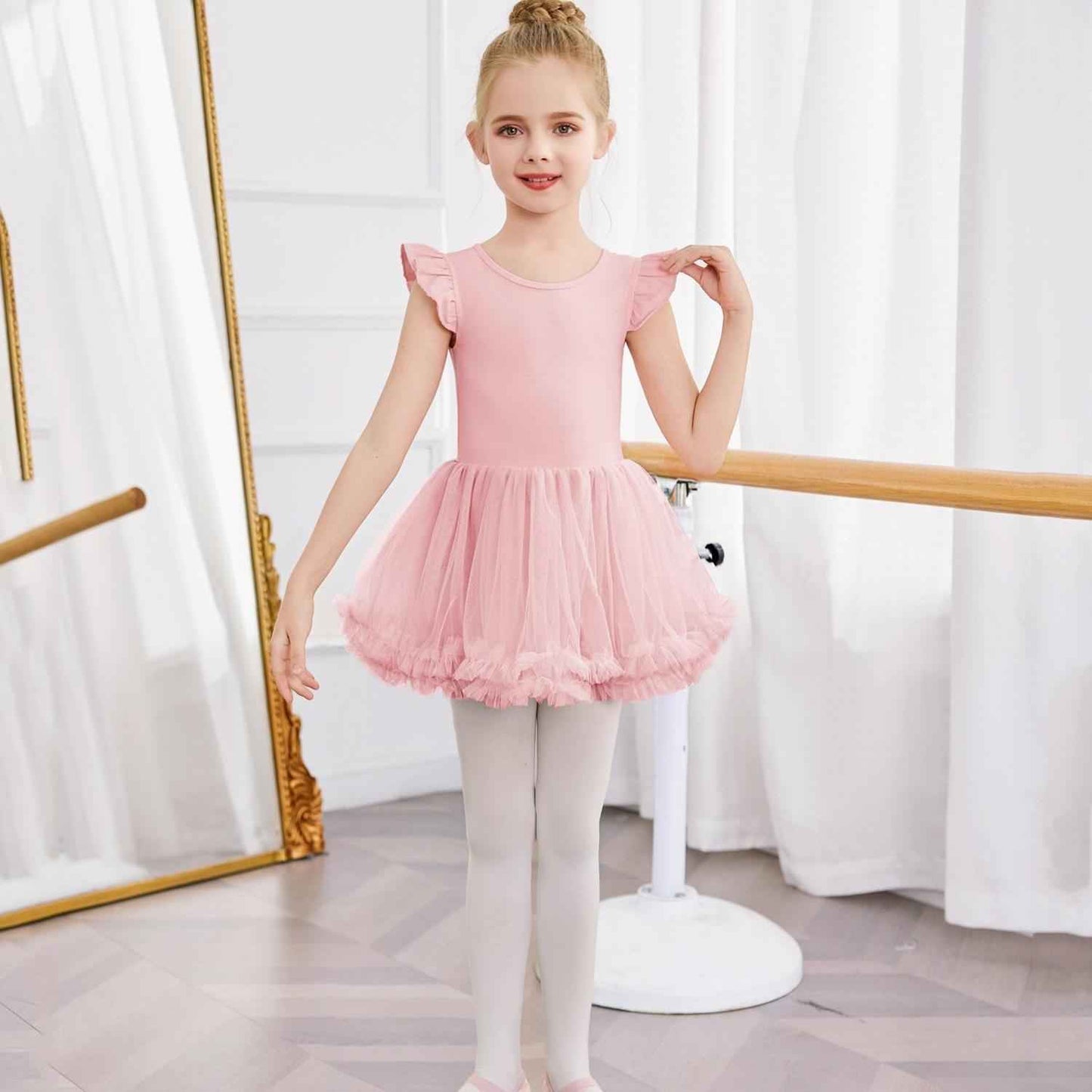 Girls Ballet Tutu Dress with Cross-Back Design and Ruffled Sleeves - Elegant White A-Line Leotard for Dance, Gymnastics, and Recitals Pink Color