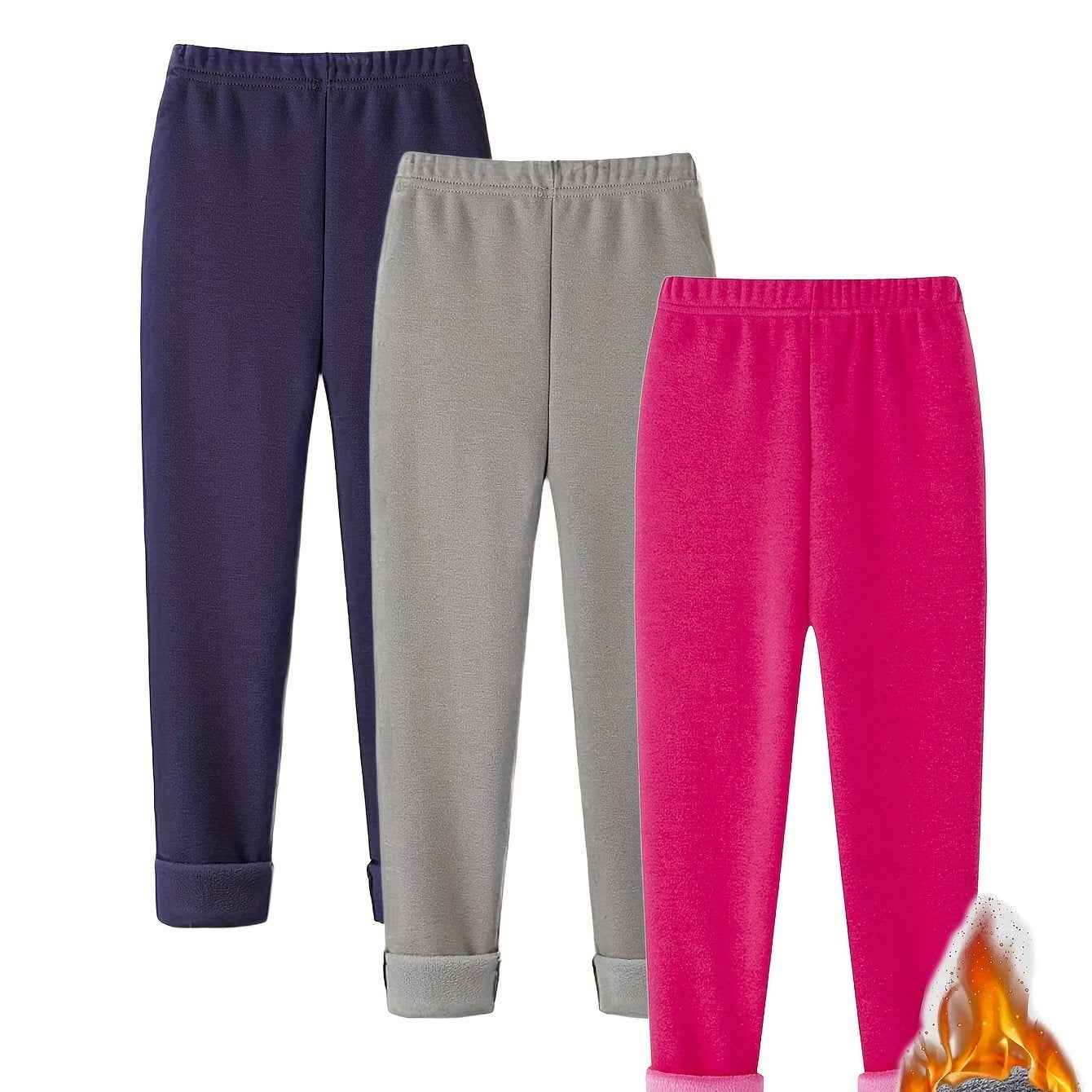 3pcs Winter-Lined Leggings for Kids - Warm Skinny Fit Tights for Boys & Girls, 95% Polyester/5% Spandex, Perfect for Playdates and Cold Weather Navy Blue + Light Gray + Rose Red