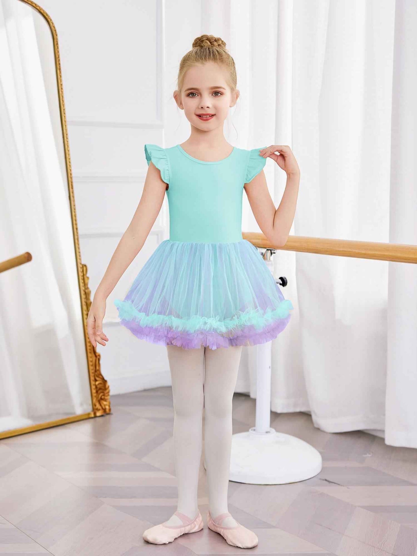 Girls Ballet Tutu Dress with Cross-Back Design and Ruffled Sleeves - Elegant White A-Line Leotard for Dance, Gymnastics, and Recitals