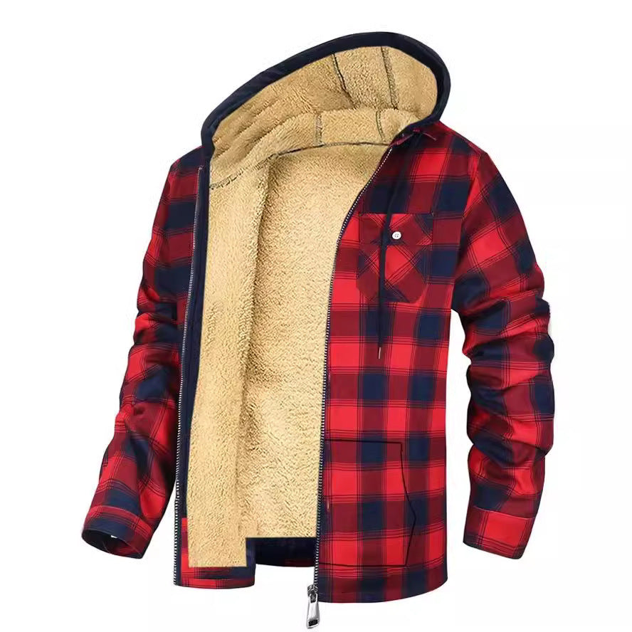 Men's Plaid Print Hooded Zip-Up Jacket Winter Thickened Cotton-padded Coat Warm Clothing Red