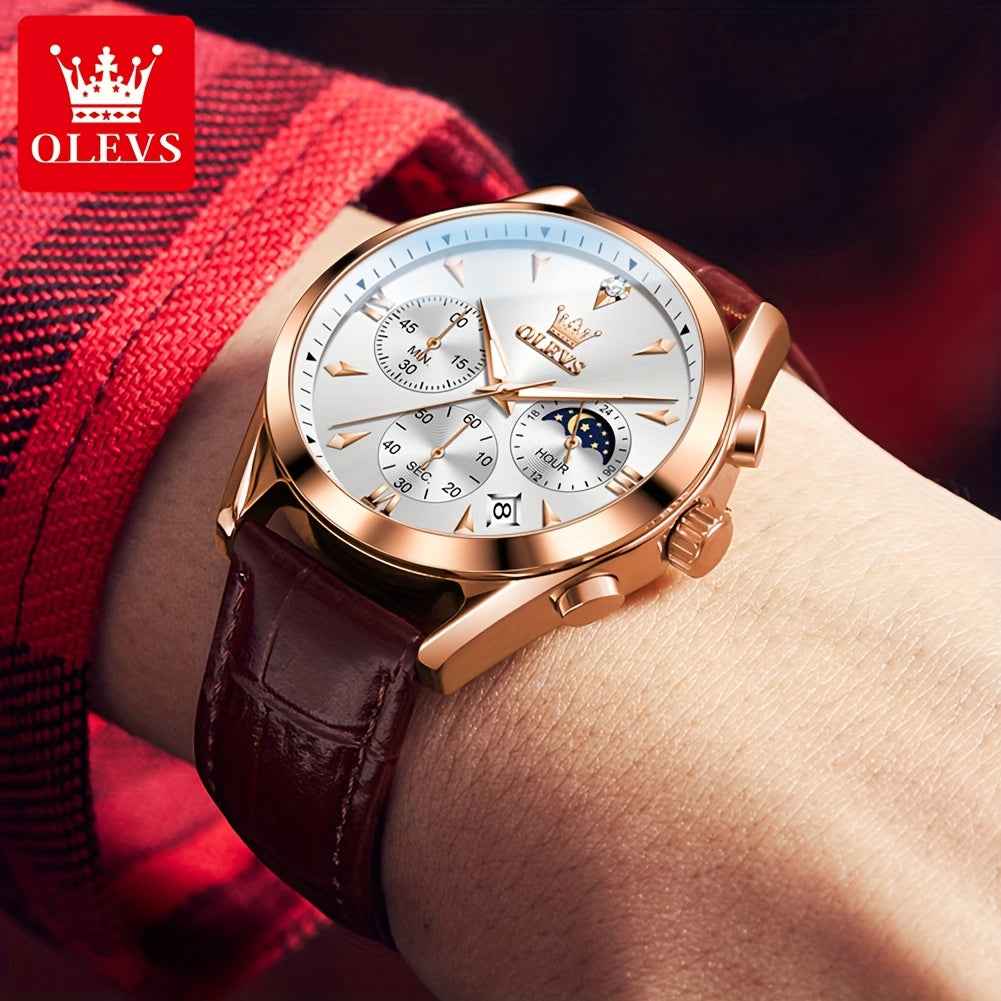 OLEVS Men's Luxury Quartz Watch - Luminous Date & Day Display, Stainless Steel Case, PU Leather Strap, Rose Gold Accents for Business and Casual Wear