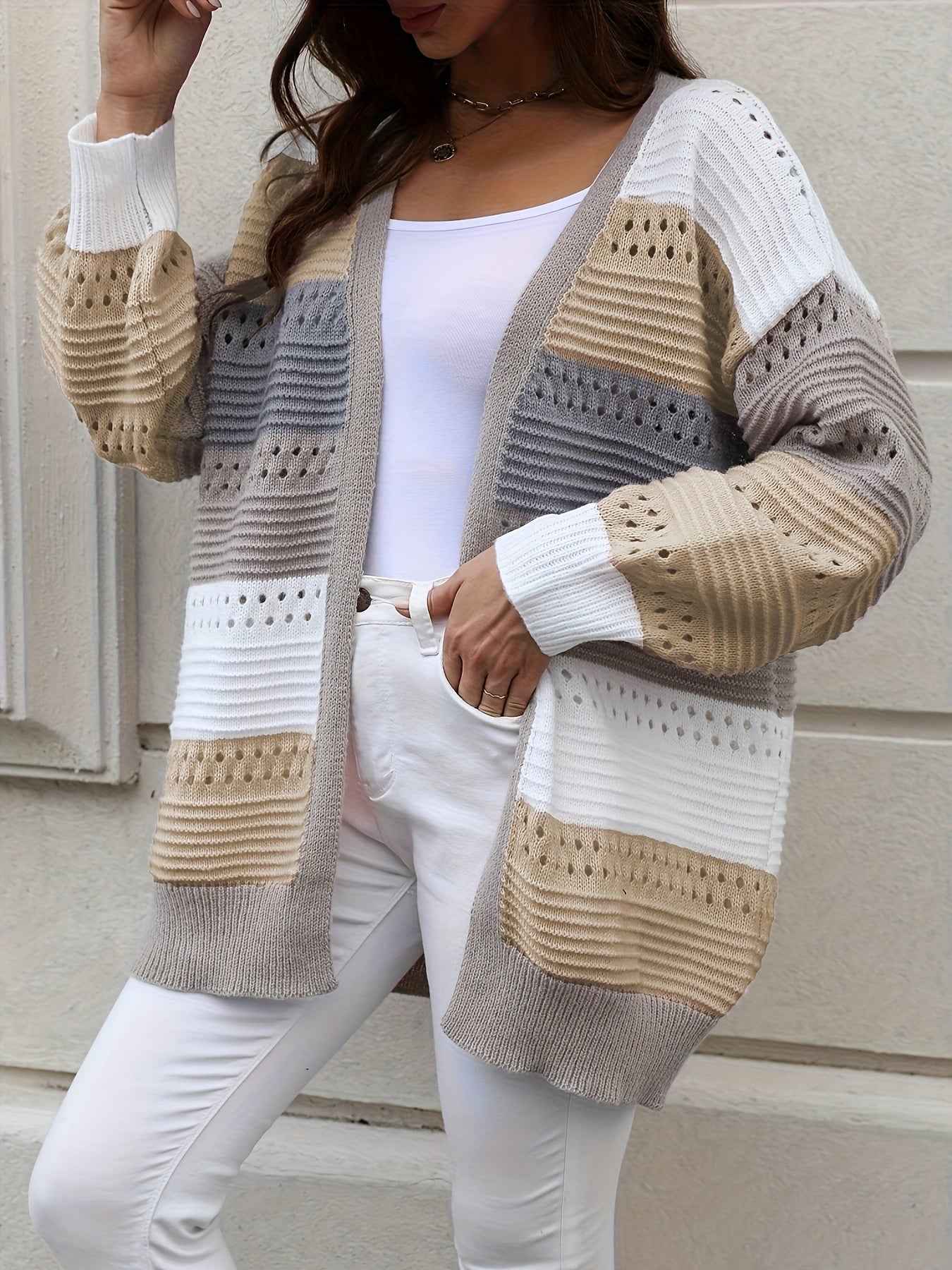 Casual Autumn Wear| Women's Plus Size Color Block Open Front Cardigan - Casual V-Neck, Eyelet Detail, Long Sleeve, Knit Sweater - Machine Washable, Polyester - Ideal for Fall/Winter, Fall Sweaters