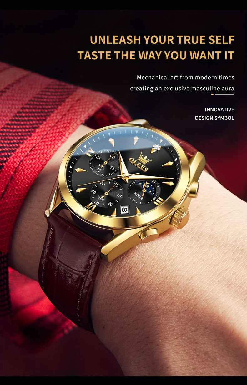 OLEVS Men's Luxury Quartz Watch - Luminous Date & Day Display, Stainless Steel Case, PU Leather Strap, Rose Gold Accents for Business and Casual Wear