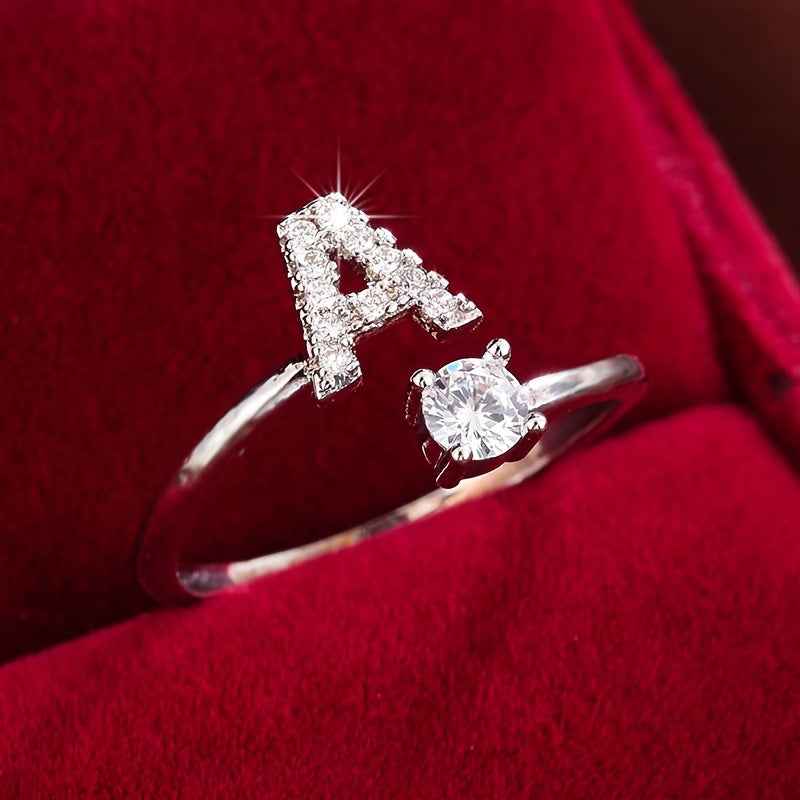 Fashionable 26 English Letters Four-Prong Synthetic Synthetic Zirconia Open Adjustment Ring
